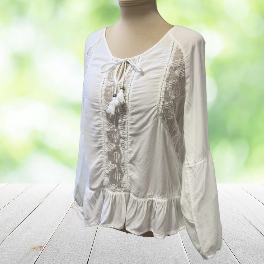 Vintage Y2K CATO Embroidered Peasant Blouse Boho Tassel Tie Balloon Sleeve Sz M